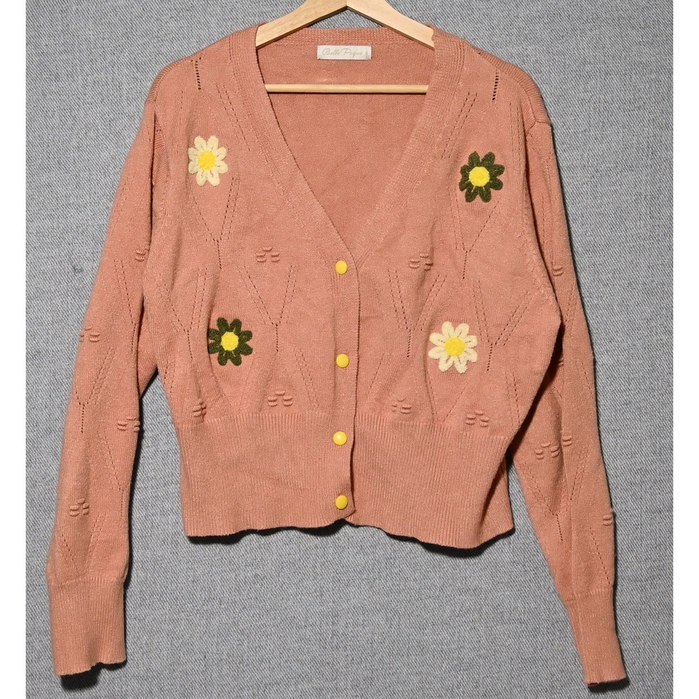 Belle Poque Cardigan Womens XL Floral Pointelle Knit V-Neck Peach Pink Sweater